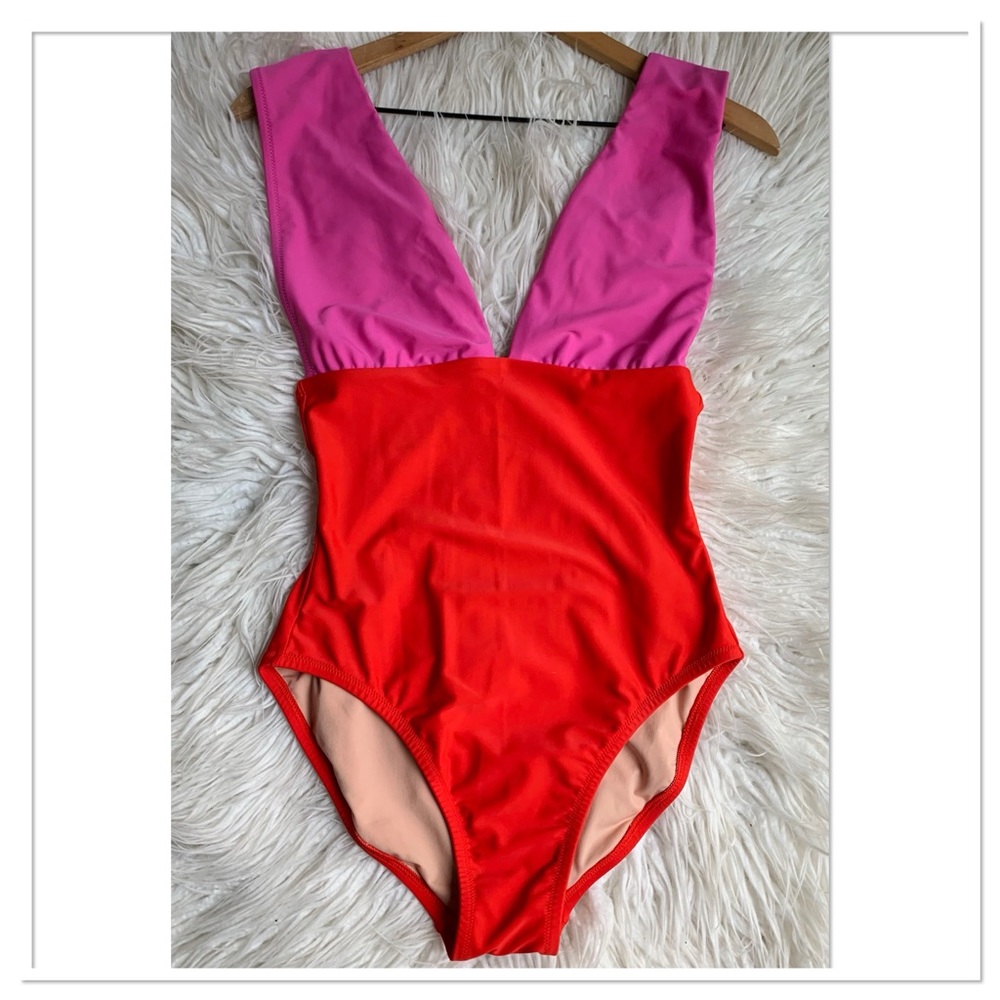 J.Crew Color Block V Neck One Piece Swimsuit Pink Red Size Small